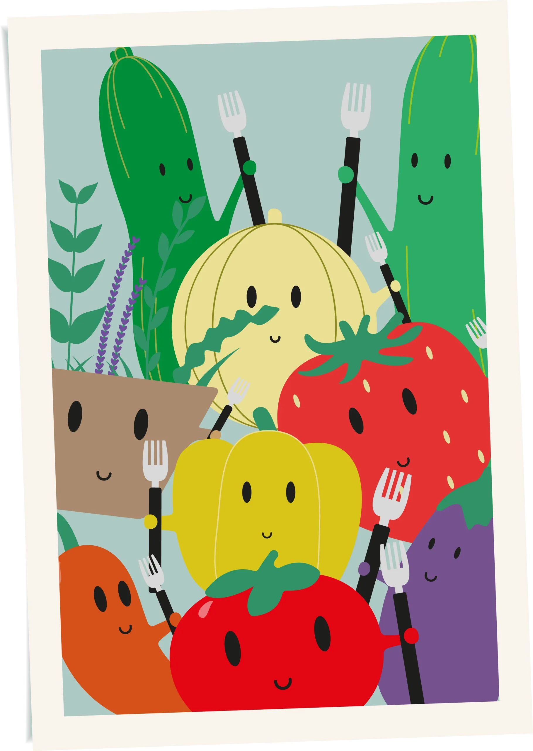 Vrolijke mascottes van hobbygroenten zoals komkommer, paprika en aardbei, afgebeeld als kleurrijke animatiefiguren met gezichten.