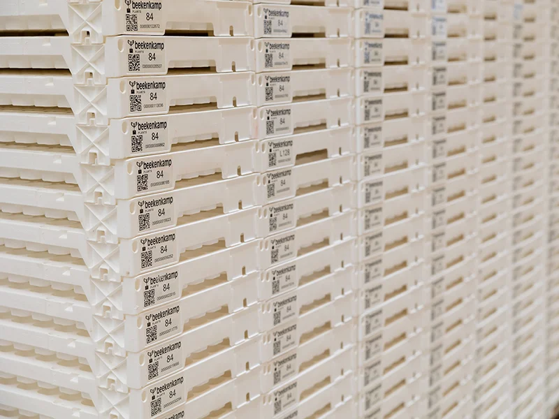 bkx-trays-opgestapeld Opgestapelde witte BKX-trays op een pallet.